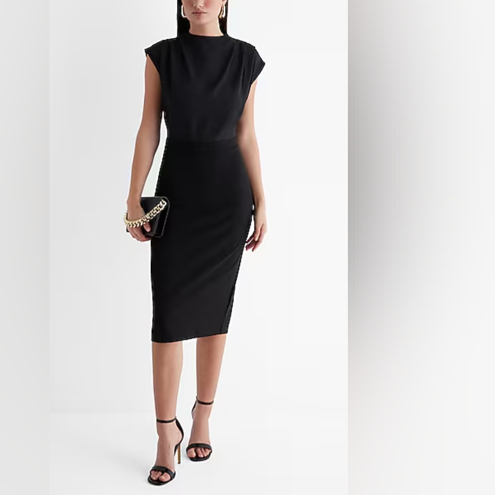 Express Draped Mock Neck Midi Sheath Dress
